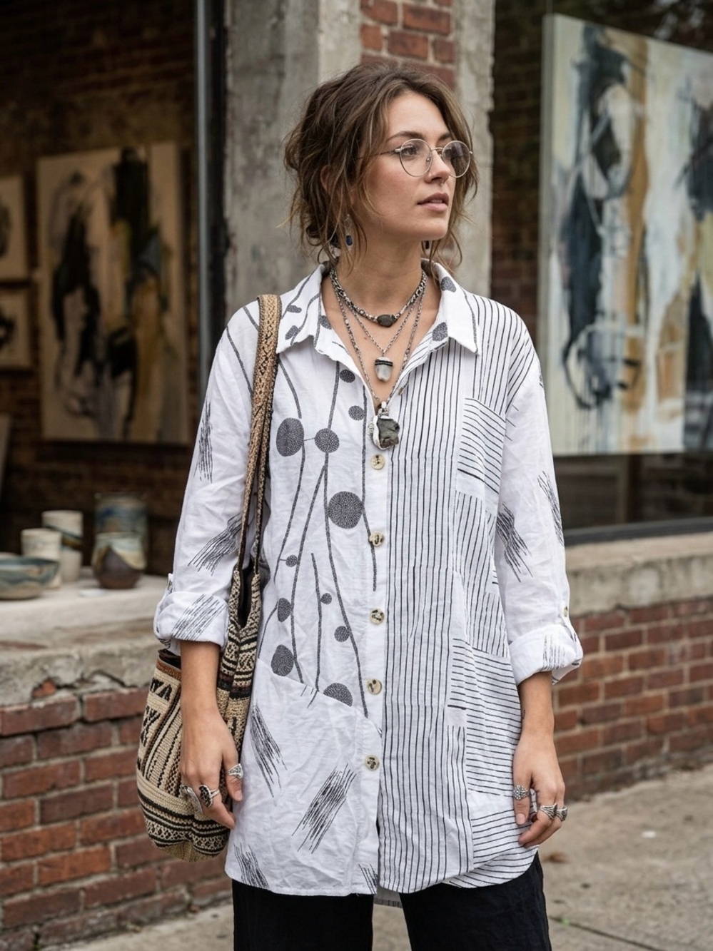 NorthStyle White Button-Down Tunic with Black Graphic Print